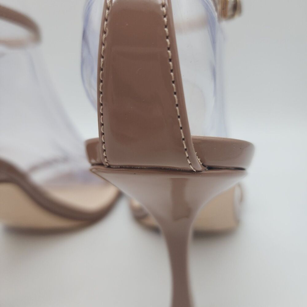 Nine Wester Patent Leather Heeled Sandals Size 9.5 Beige Square Open Toe Neutral - Picture 5 of 7